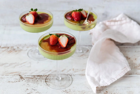 Matcha and Mānuka Honey Panna Cotta with Balsamic Roasted Strawberries