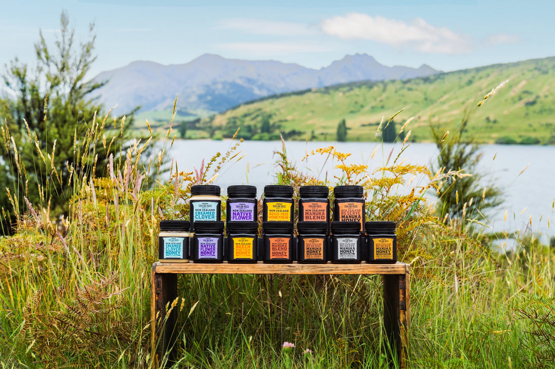 taylor-pass-honey-range-on-wood-bench-outdoor-landscape-background