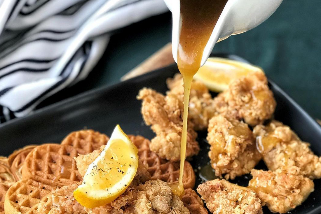 fried chicken waffles with honey maple syrup