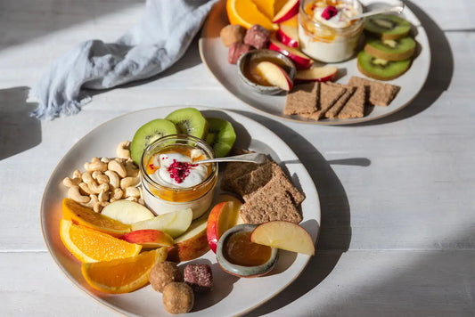 Kids food platter with fruit, nuts and Taylor Pass honey