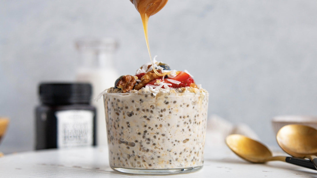 bircher muesli breakfast with honey drizzle