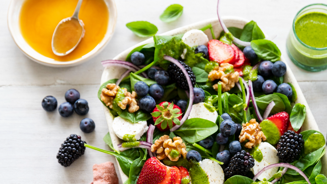 Antioxidant Salad with Summer Berries and Manuka Honey and Herb Dressing 
