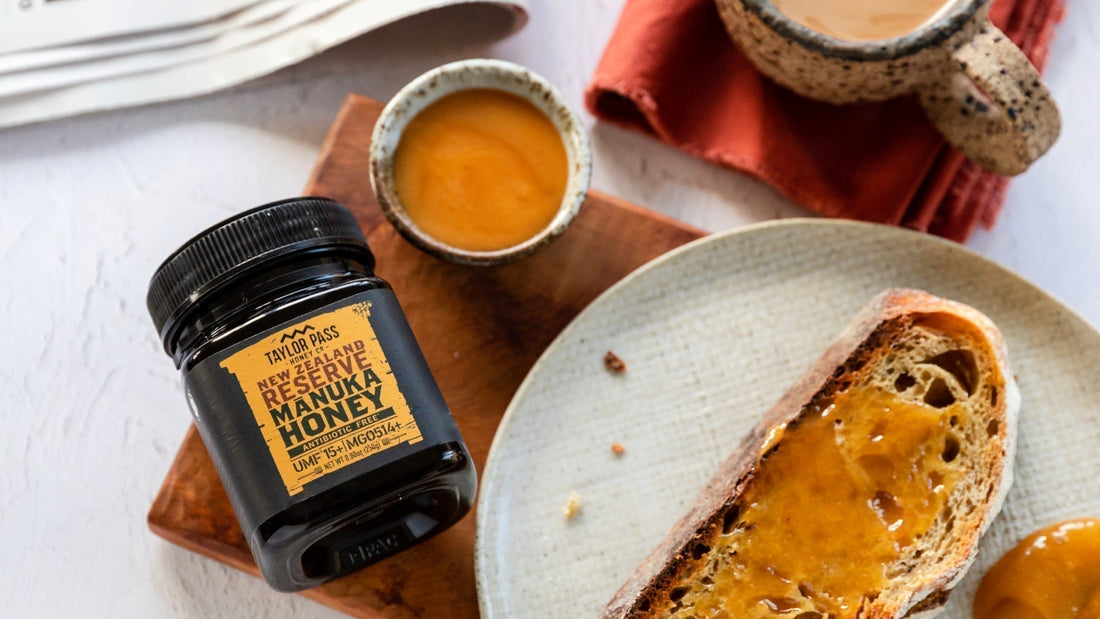 jar of honey with honey on toast