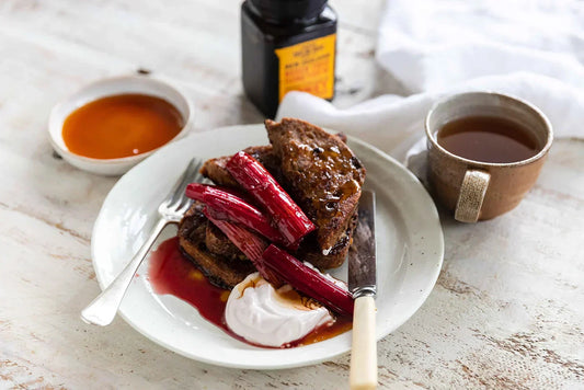 Taylor Pass Honey French Toast with Honey Roasted Rhubarb on a table
