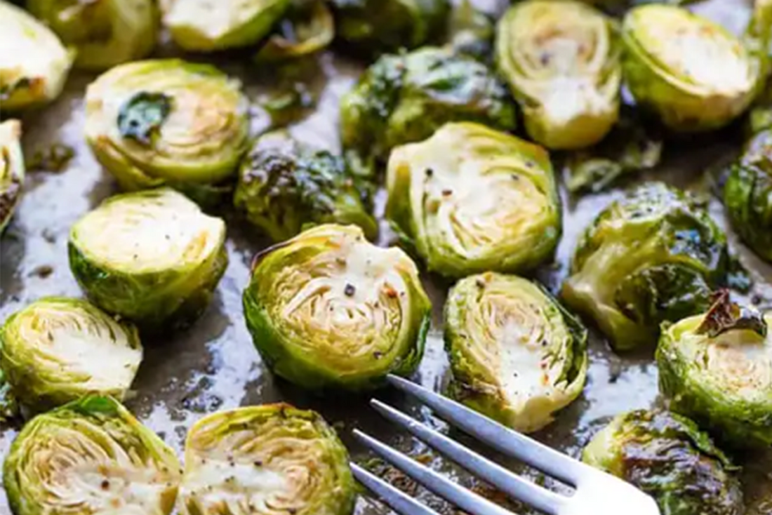 Pan of honey roasted brussels sprouts