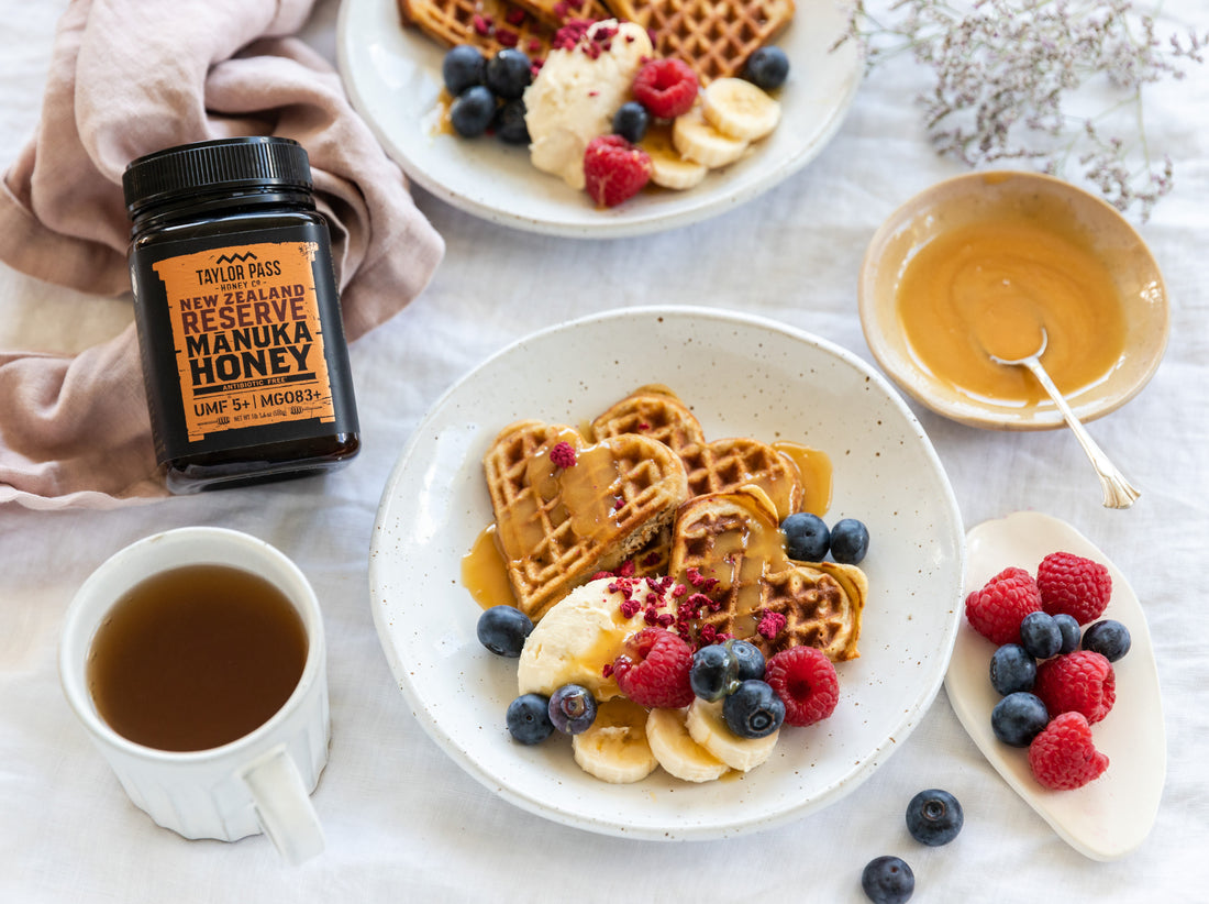 taylor pass manuka honey heart shaped waffles with berries bananas and tea